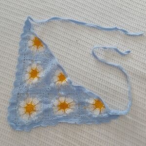 Cute Blue Daisy Print Crochet Neck Scarf / Head Scarf / Bandana